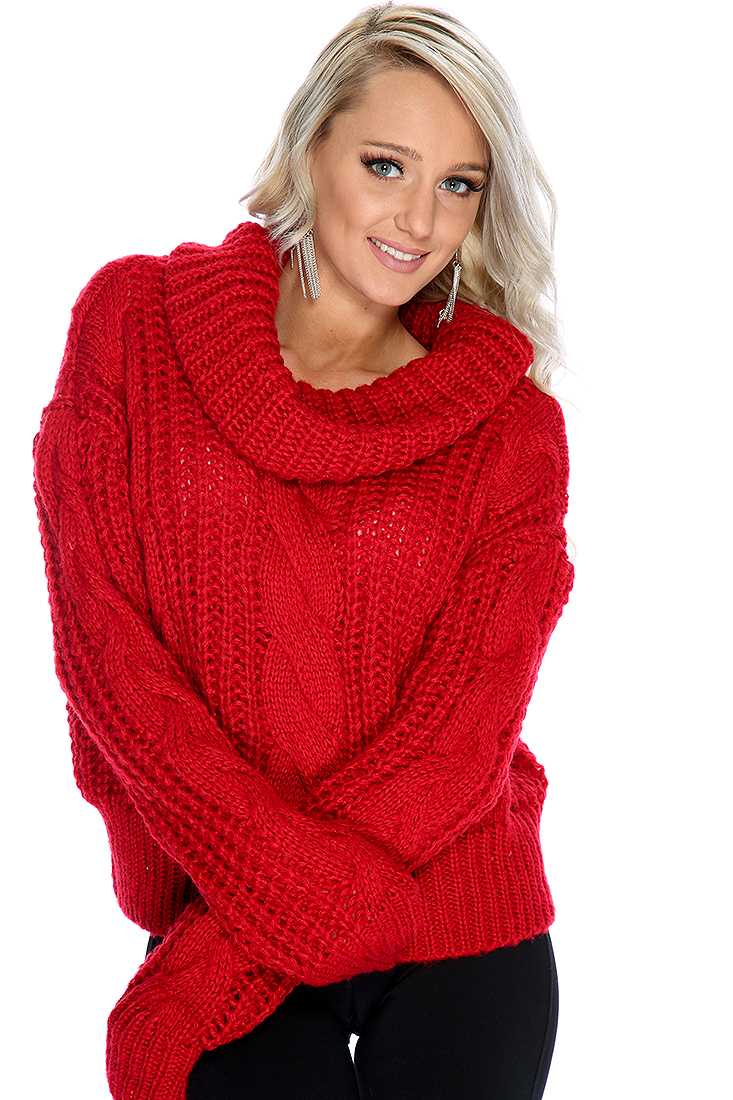 Red Long Sleeve Cable Knit Cowl Neck Oversized Sweater