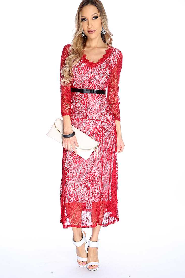 Sexy Wine Floral Lace Ribbon Waistband Midi Party Dress