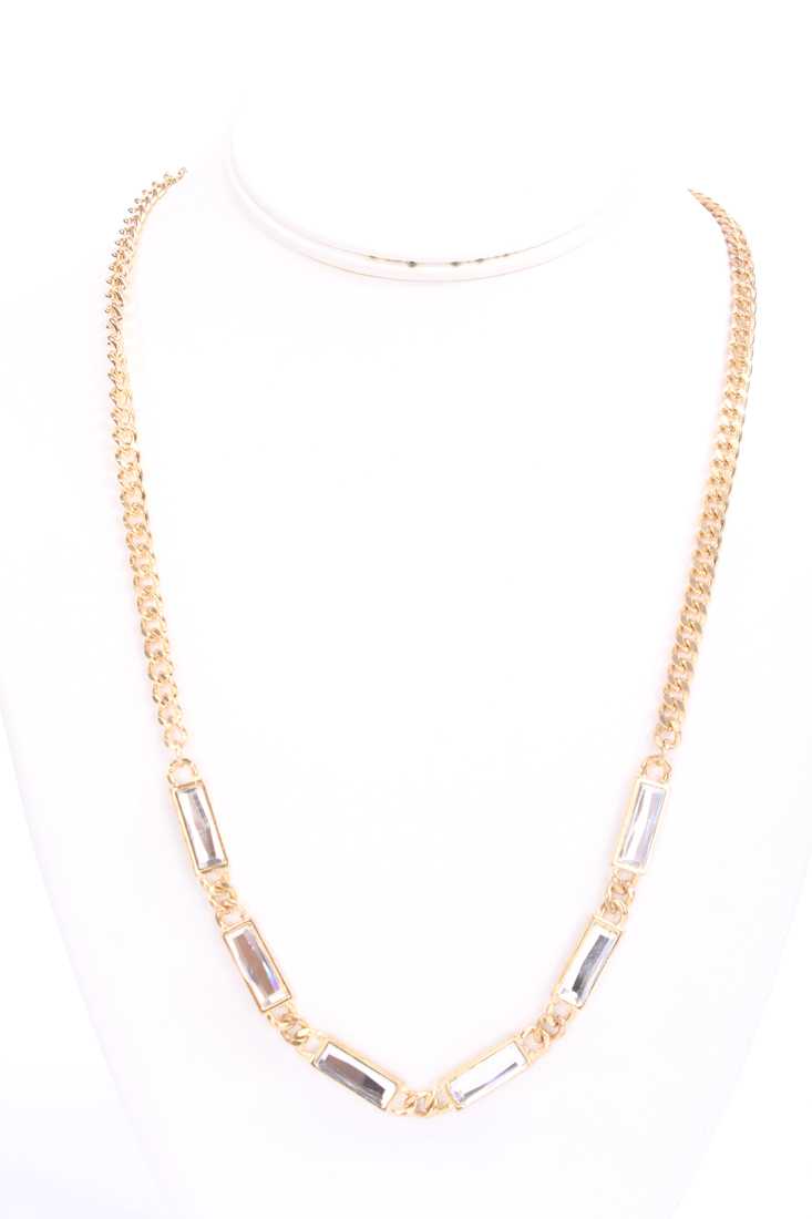 Gold Chain Link Faceted Beaded Trim High Polish Metal Necklace