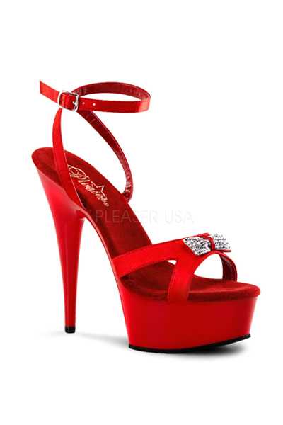 Red Satin Strappy Rhinestone Bow High Heels