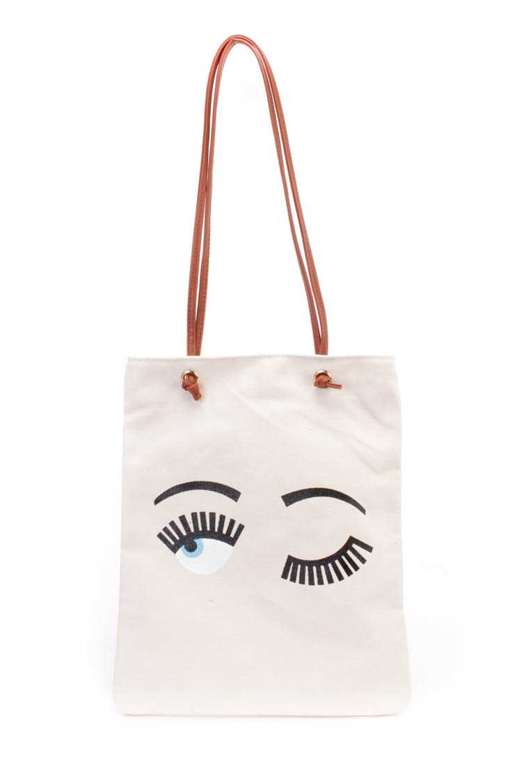 Beige Eye Print Canvas Shoppers Handbag