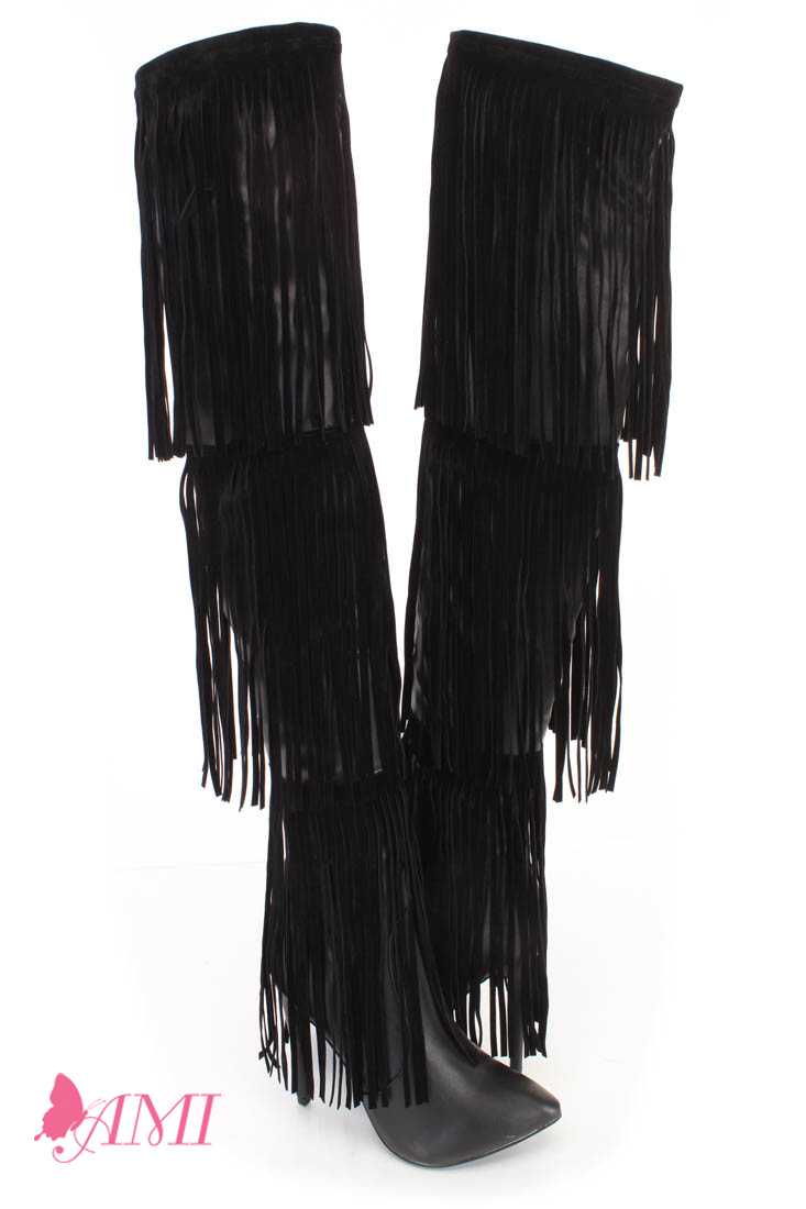 Black Fringe Thigh High Heel Boots Faux Leather