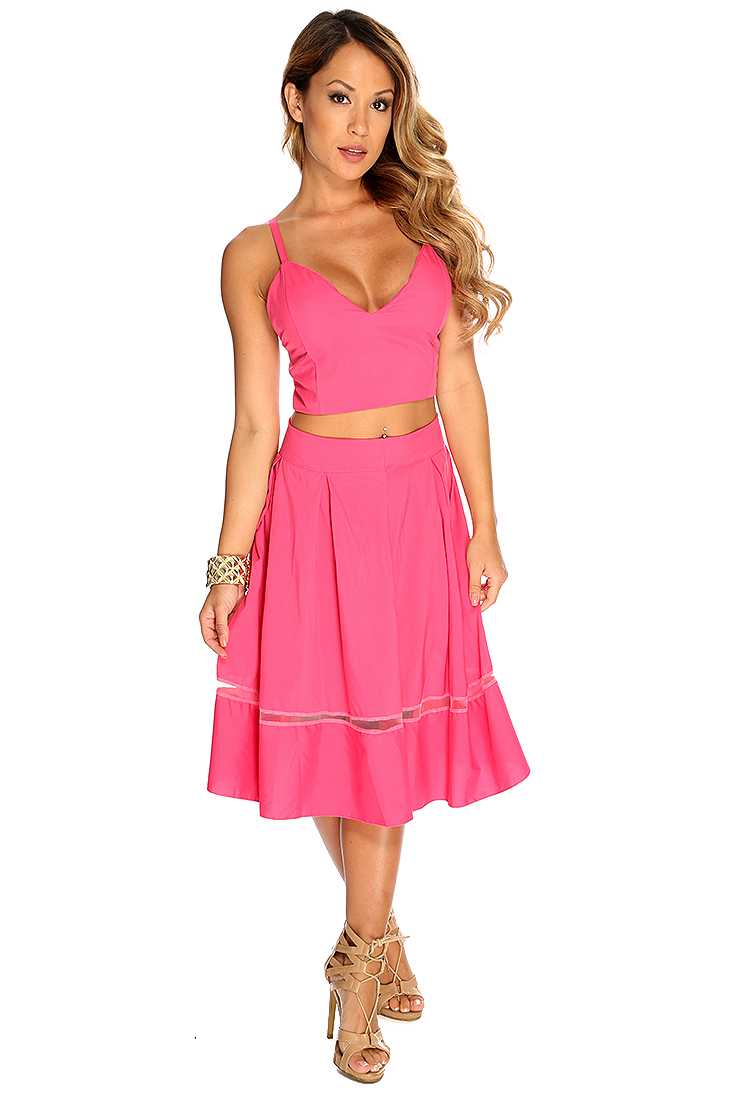 Pink Cropped Sheer Striped Sexy Midi 2 Piece Dress