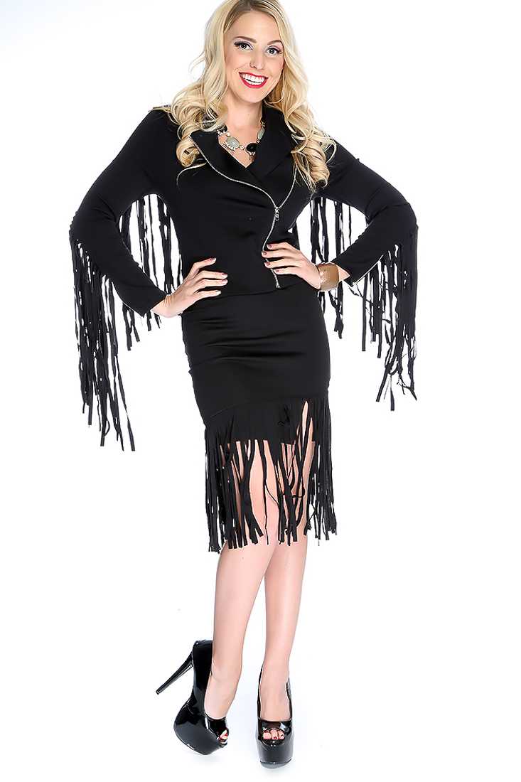 Black Long Sleeve Fringe Accent 2 Piece Outfit