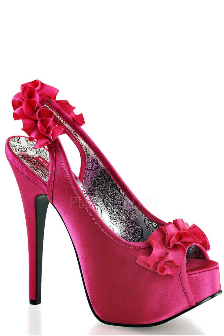 Fuchsia Ruffle Detailed Slingback Platform High Heels Satin