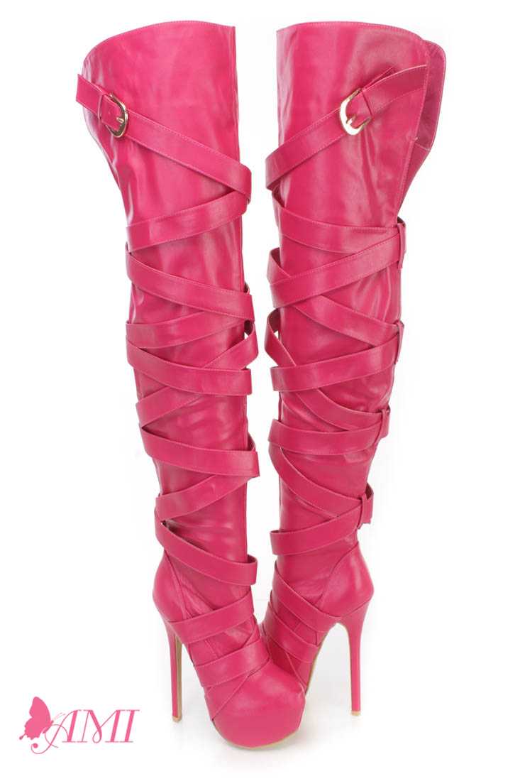 Hot Pink Wrap Around Strap Thigh High Heel Boots Faux Leather