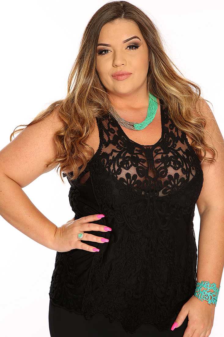 Black Sleeveless Mesh Floral Crochet Sexy Plus Size Top