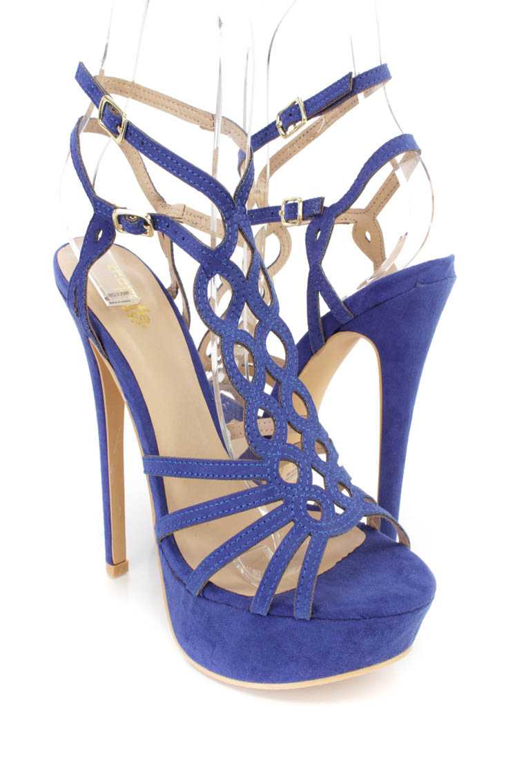 Cobalt Strappy Platform High Heels Faux Suede