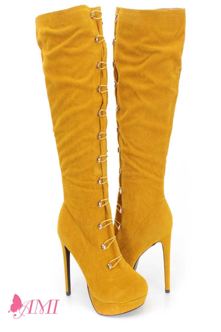Yellow Hook Loop High Heel Boots Faux Suede