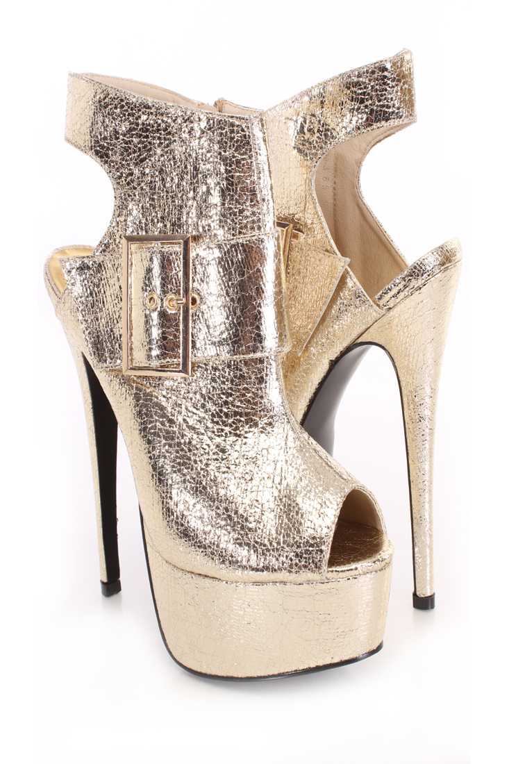 Gold Buckle Accent Ankle Cut Out Booties Faux Leather Crackle