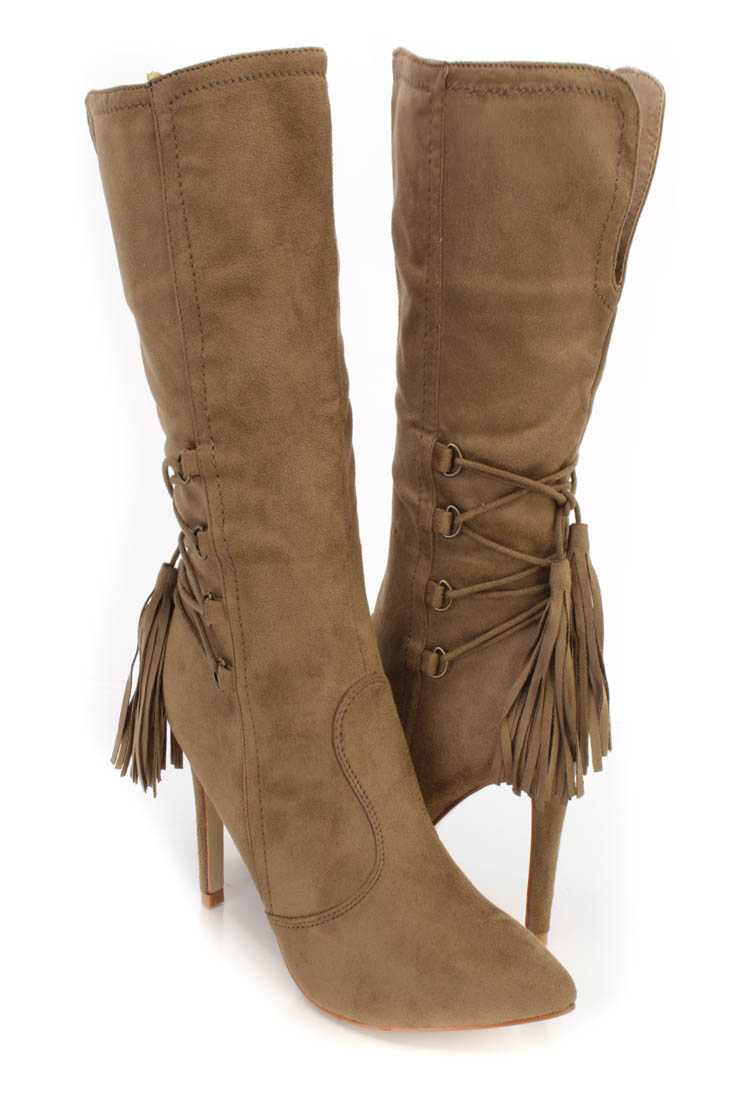 Olive Pointed Toe Single Sole Heel Booties Faux Suede