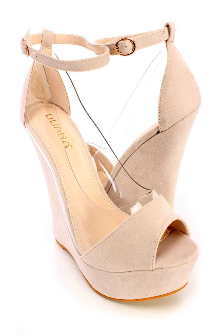 Nude Peep Toe Ankle Strap Wedges Faux Suede