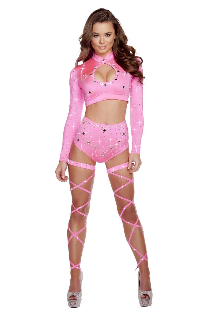 Hot Pink Crop Top and High Waisted Shorts Rhinestone Outfit