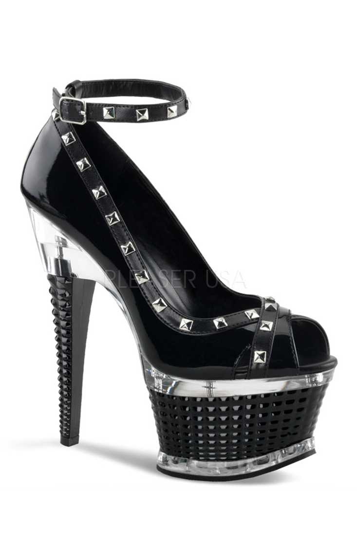 Black Studded Open Toe Pump High Heels Patent