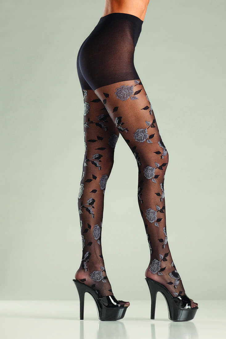 Grey Ivory Opaque Floral Woven Pantyhose