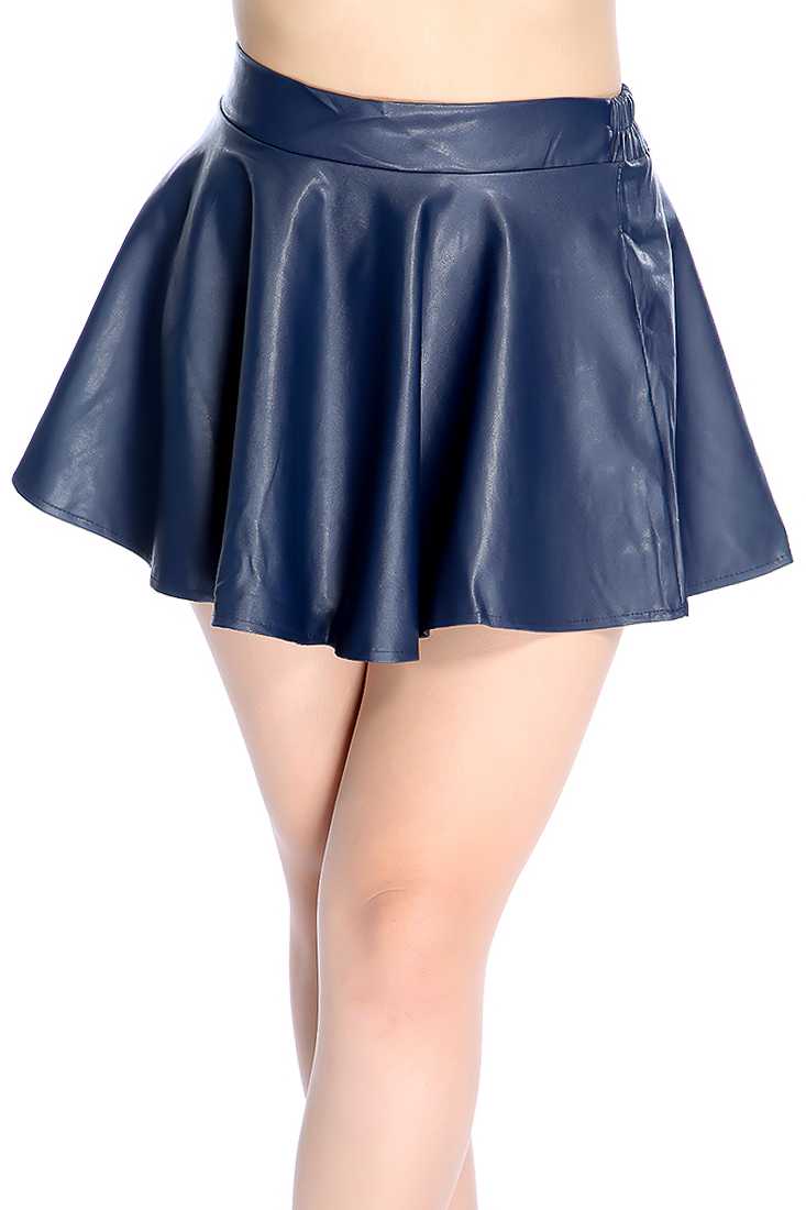 Navy Faux Leather Elastic Waistband Mini Skirt