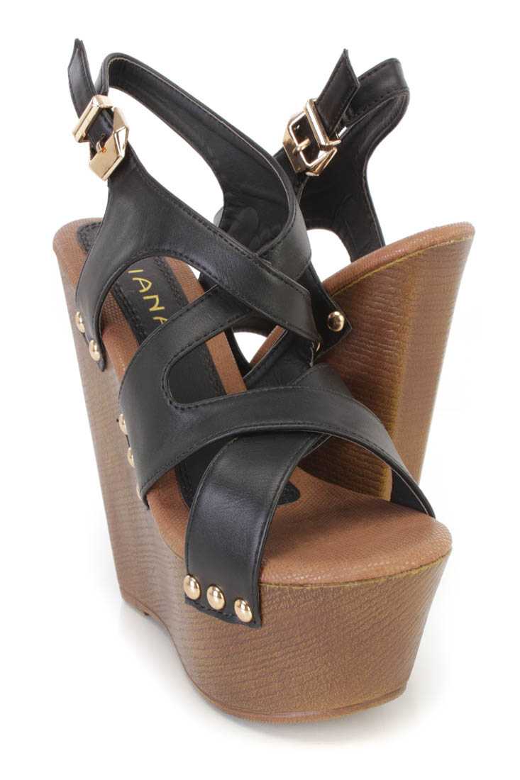 Black Faux Wooded Platfom Wedge Faux Leather