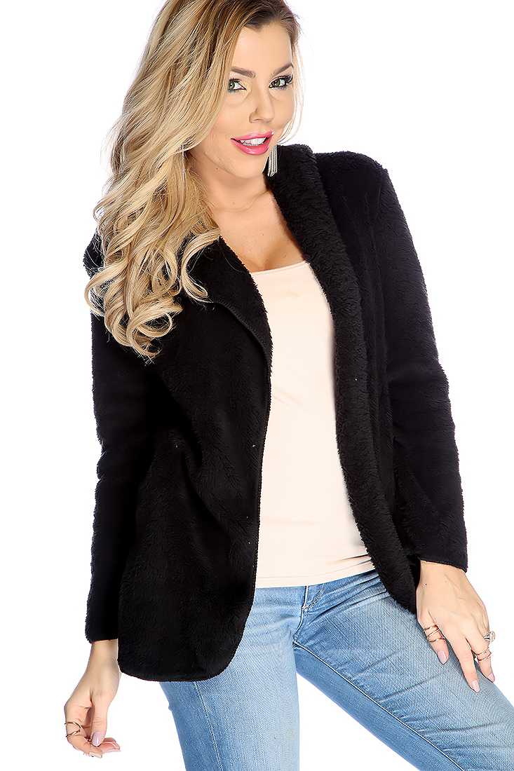 Black Open Front Plush Soft Hoodie Sweater