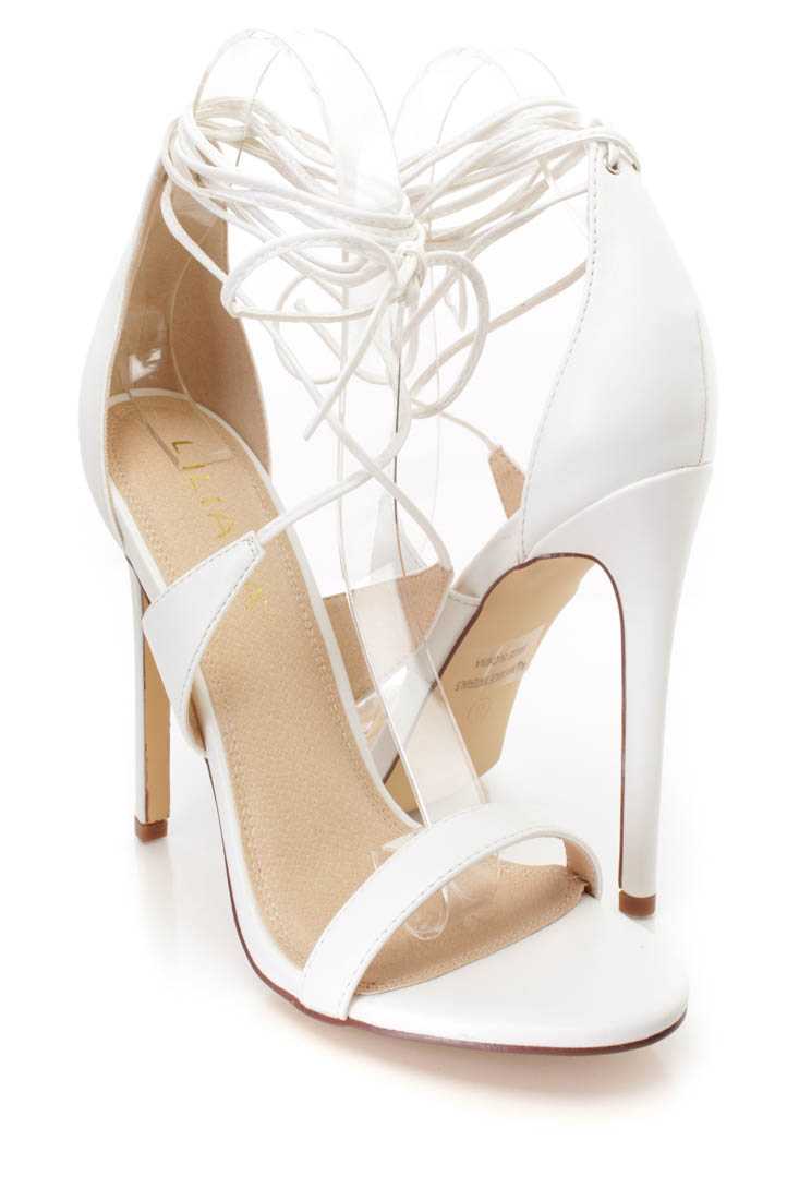 White Lace Up Open Toe Single Sole High Heels Faux Leather