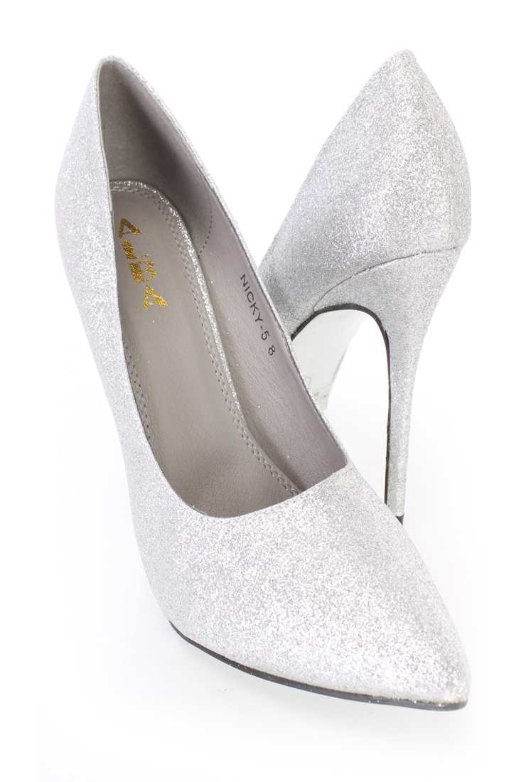 Silver Pointed Toe Single Sole Pump High Heels Glitter