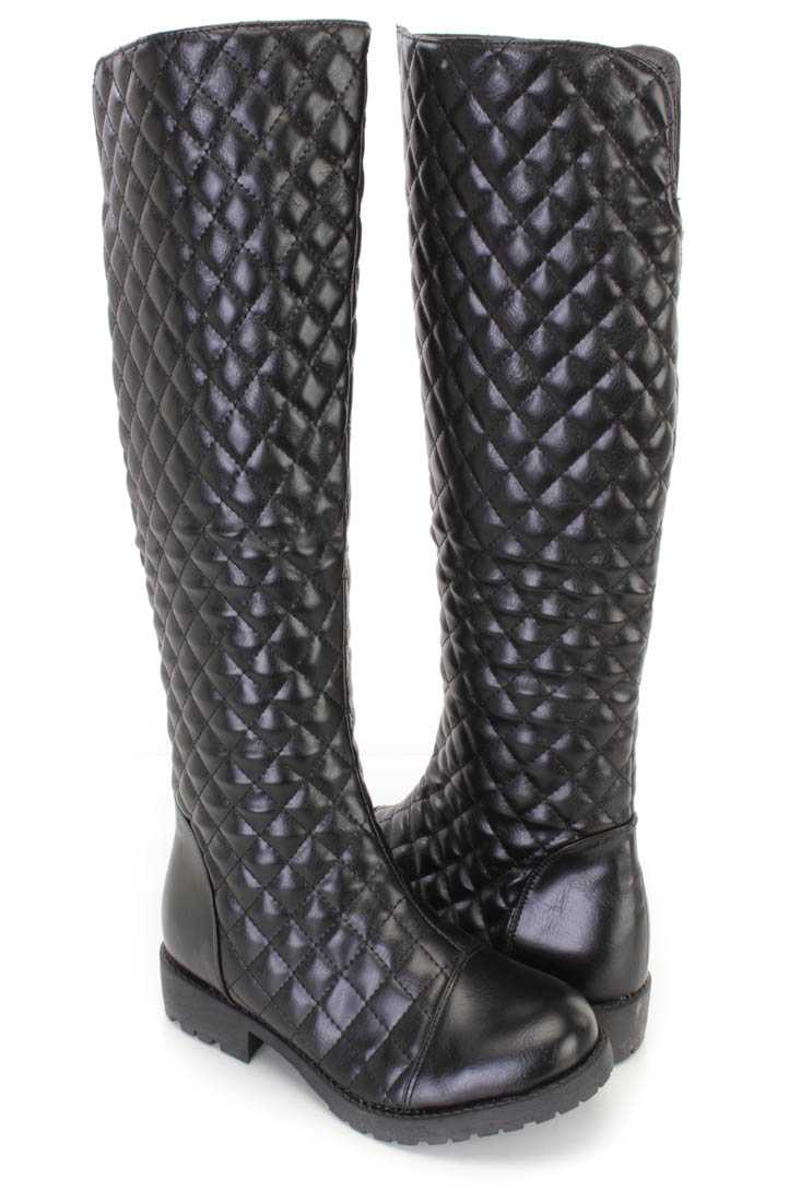 Black Stitched Quilted Riding Boots Faux Leather