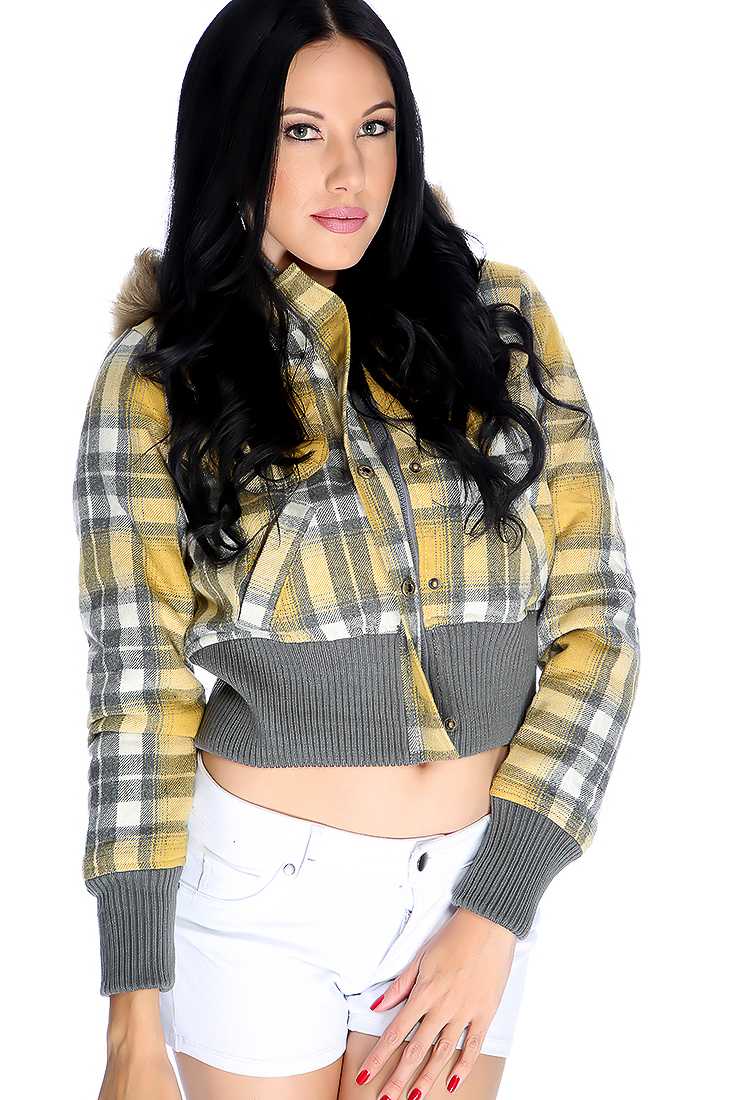 Mustard Yellow Plaid Faux Fur Hooded Jacket