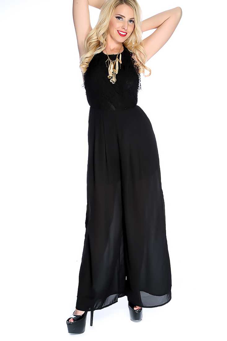 Black Sleeveless Netted Floral Overlay Sheer Wide Leg Jumpsuit