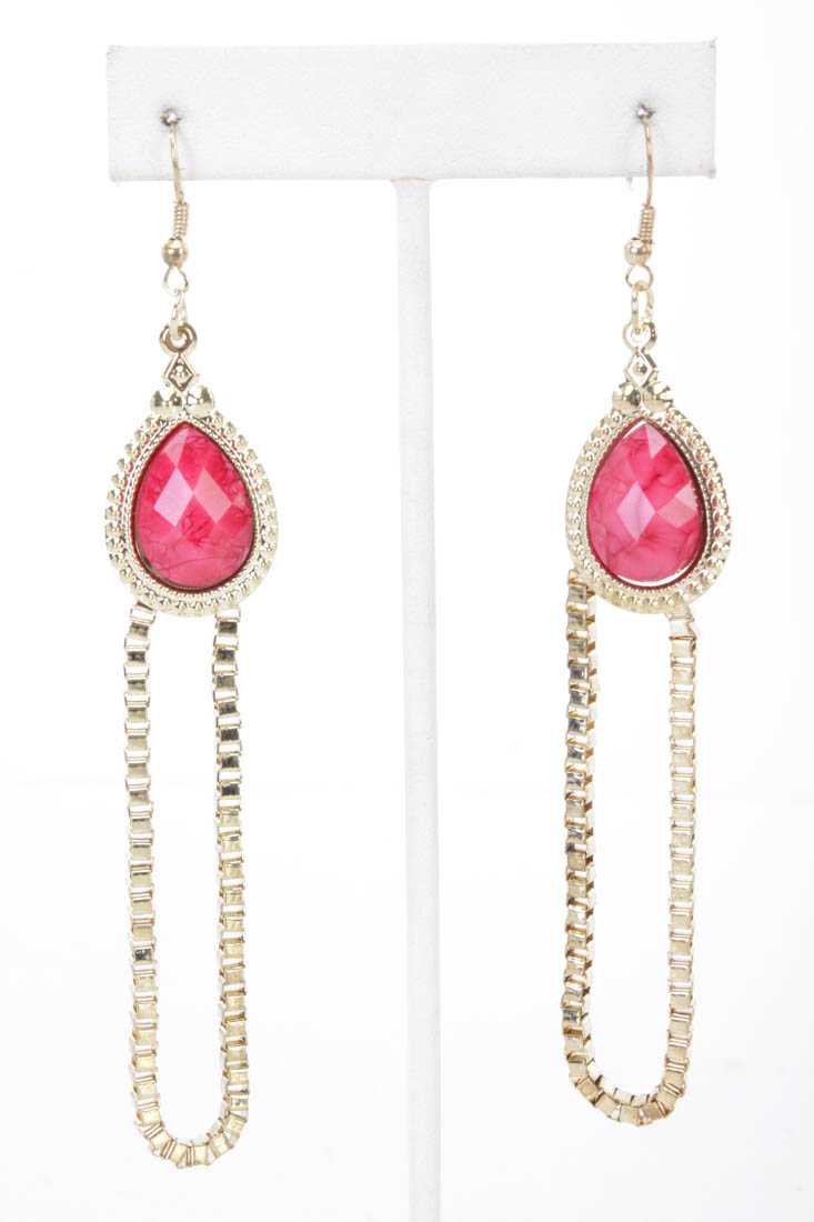 Fuchsia Gold Faceted Beaded Box Chain Dangle Earrings