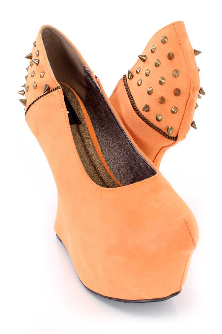 Burnt Orange Spike Studded Gravity Wedges Faux Suede