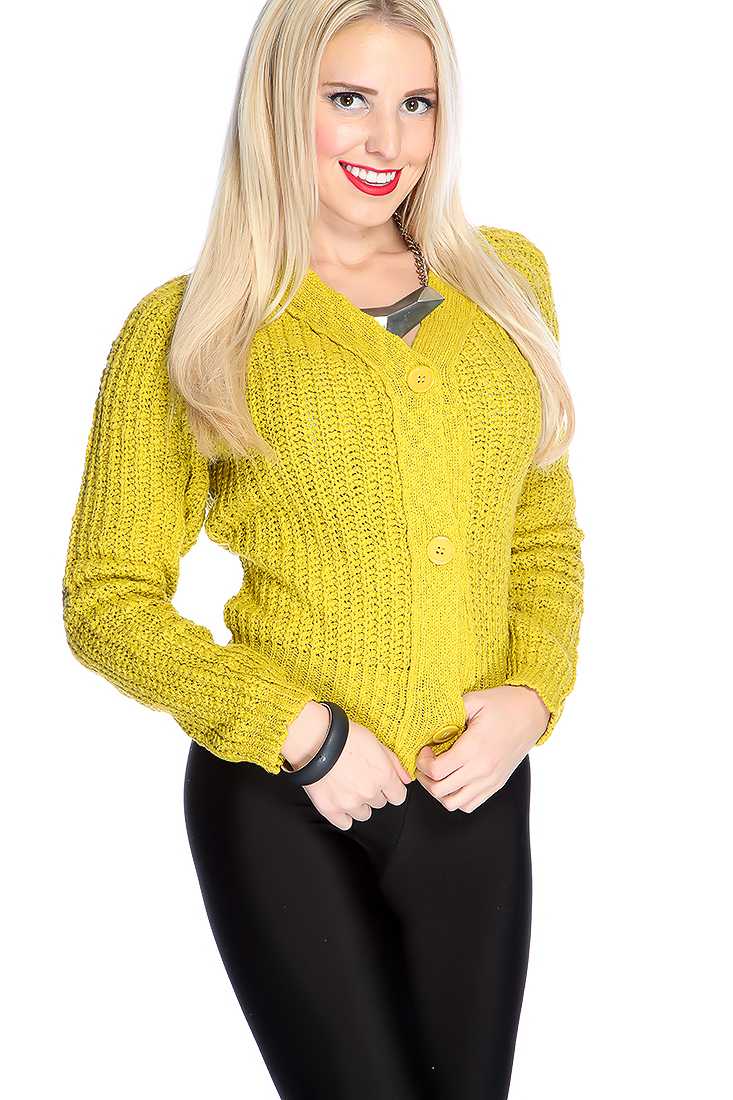 Chartreuse Long Sleeves Button Up Closure V Neckline Knitted Sweater