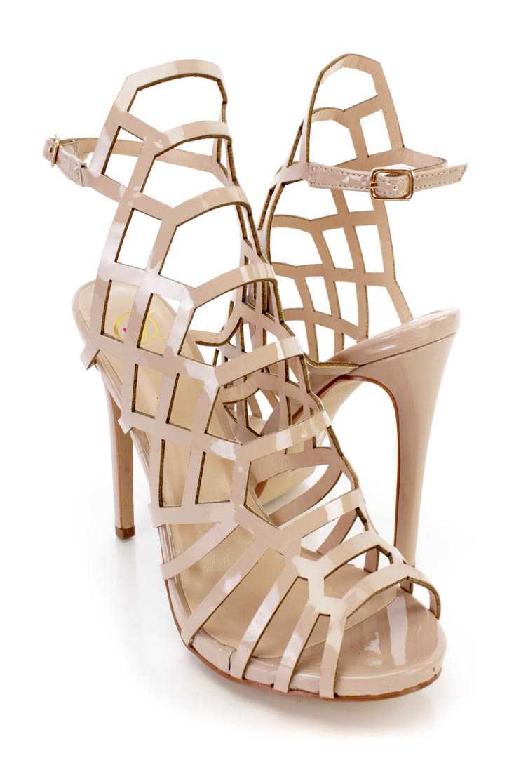 Dark Beige Strappy Single Sole High Heels Patent