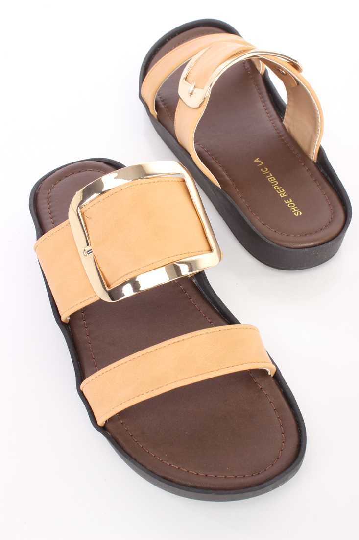 Camel High Polish Buckle Strappy Sandals Faux Leather