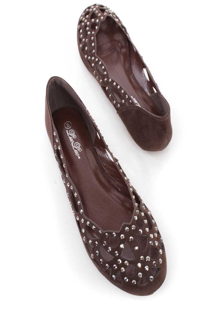Coffee Cut Out Rhinestone Detail Slip on Flats Faux Suede