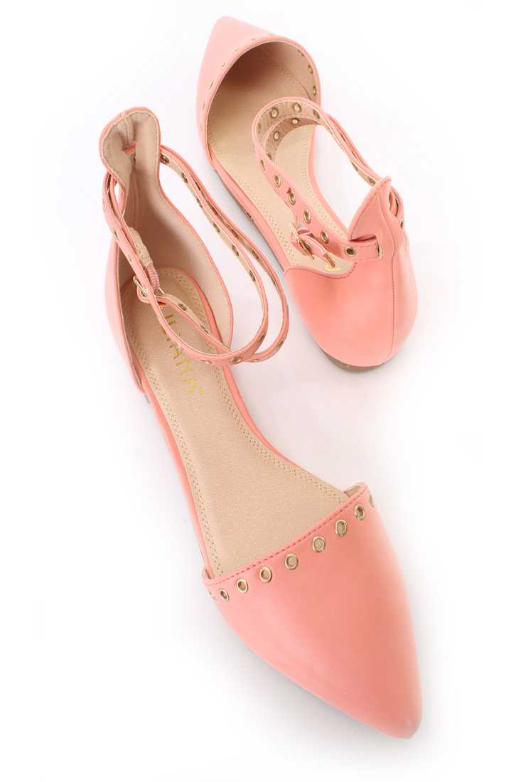 Coral Grommet Ankle Strappy Flats Faux Leather