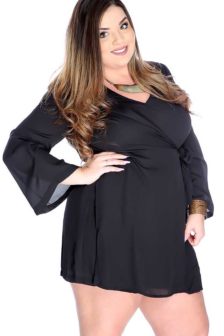 Sexy Black Plus Size Long Sleeve V Neck Stylish Romper