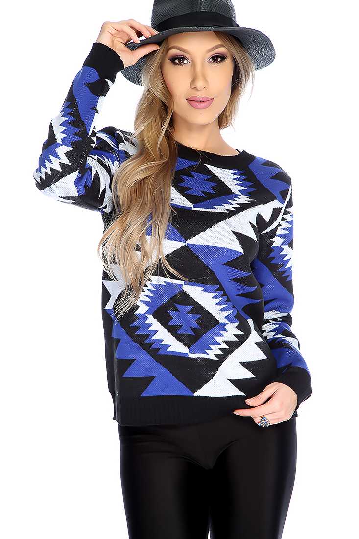 Blue Black Tribal Print Long Sleeve Sweater