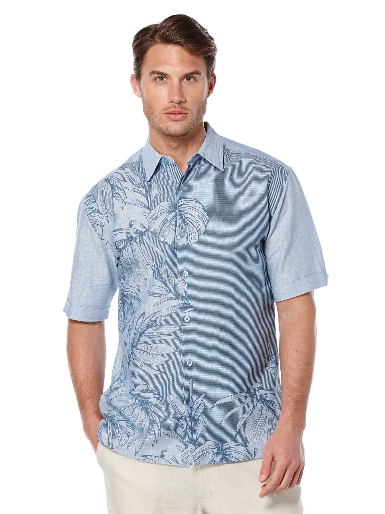 Cubavera Short Sleeve Linen Cotton Engineered Tropical Print