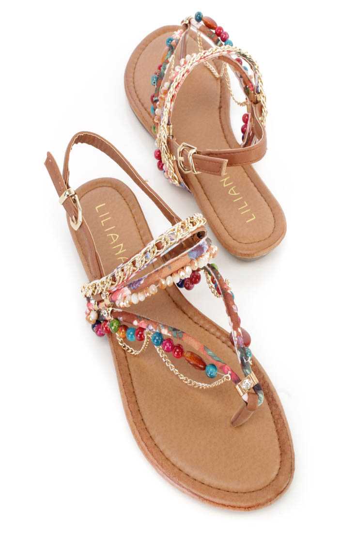 Tan Beaded Strappy Thong Sandals Faux Leather