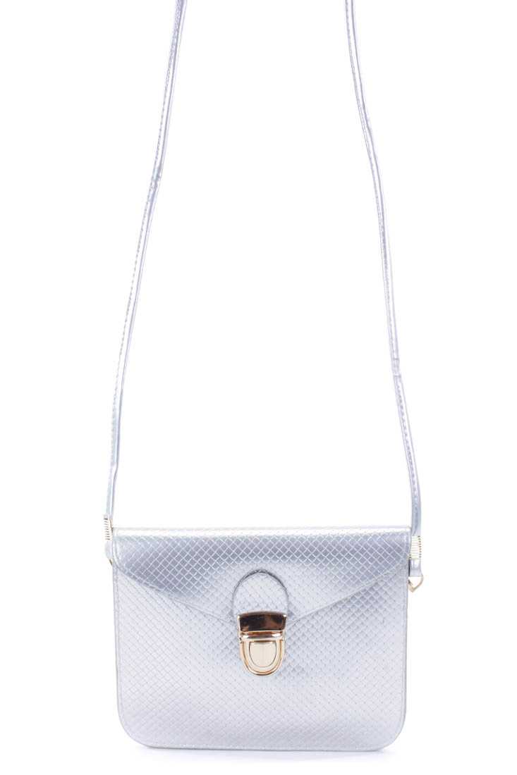 Silver Textured patent Faux Leather Envelope Handbag