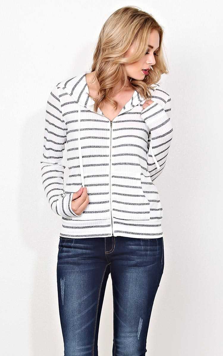 Chill Out Rib Knit Hoodie - - Ivory Combo in Size by Styles For Less