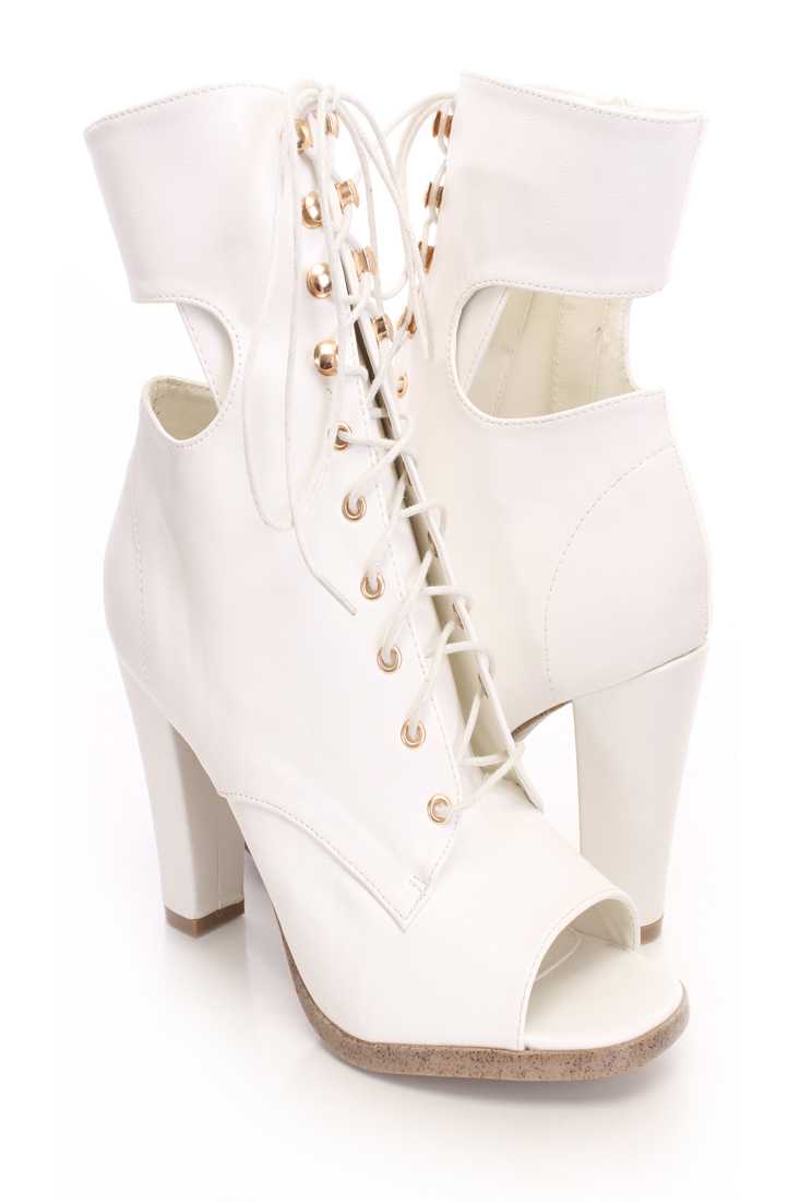 White Lace Up Cut Out Peep Toe Booties Faux Leather