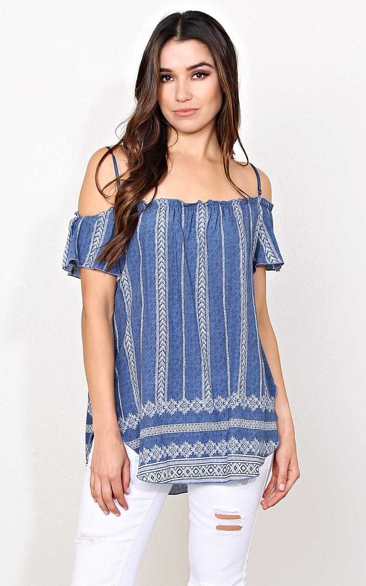 Iris Woven Cold Shoulder Top - SML - Navy in Size Small by Styles For Less