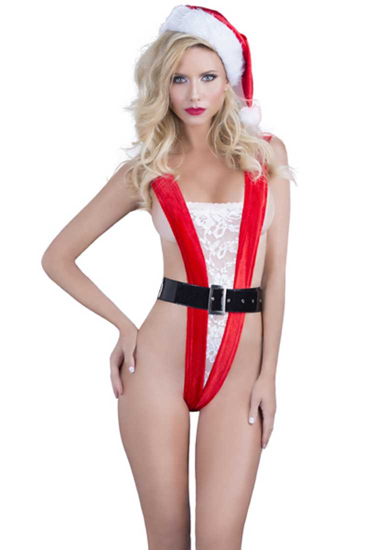 Red White Lace Velvet Velveteen V-Plunge Sexy Intimates Teddy