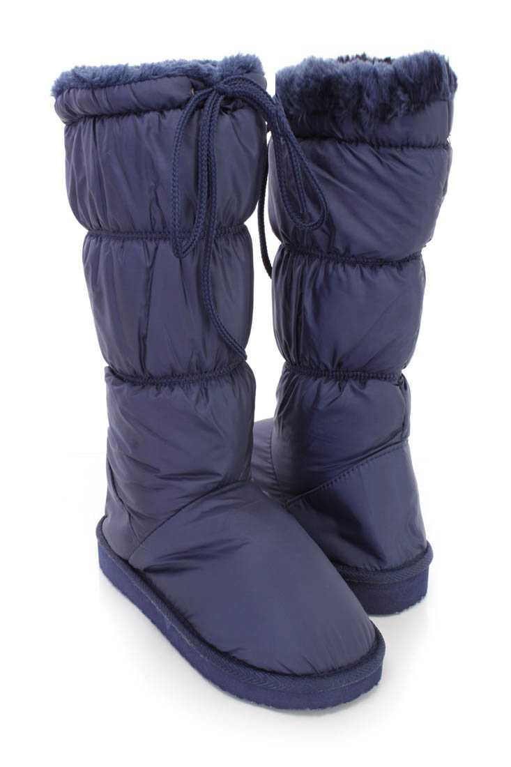 Navy Slip On Faux Trim Casual Flat Boots