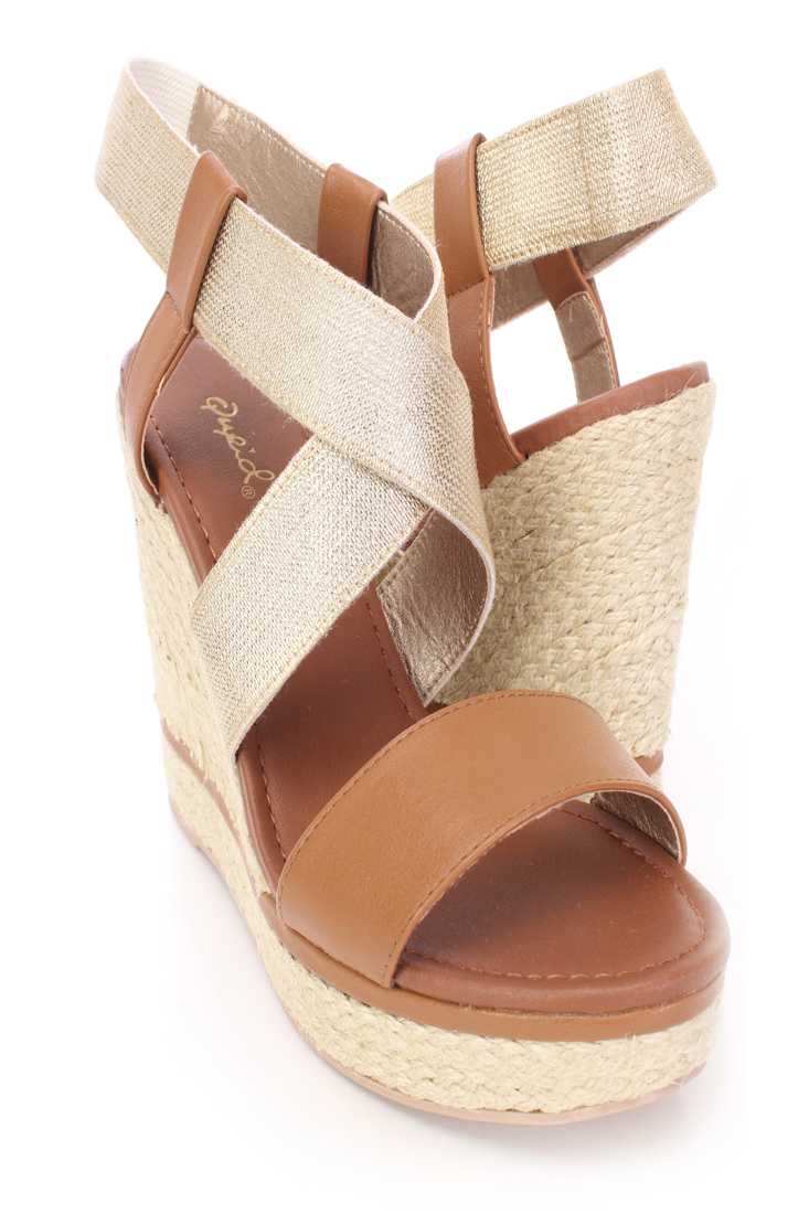 Camel Cross Strappy Espadrille Wedges Faux Leather