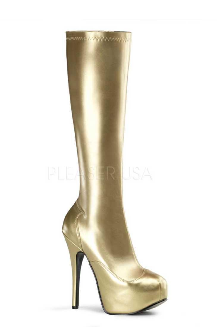 Gold Knee High Platform Heel Boots Metallic Faux Leather