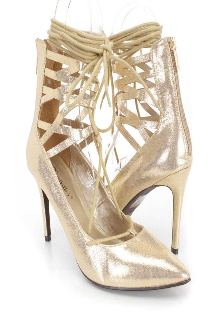 Gold Wrap Around Tie Single Sole High Heels Shimmer Fabric