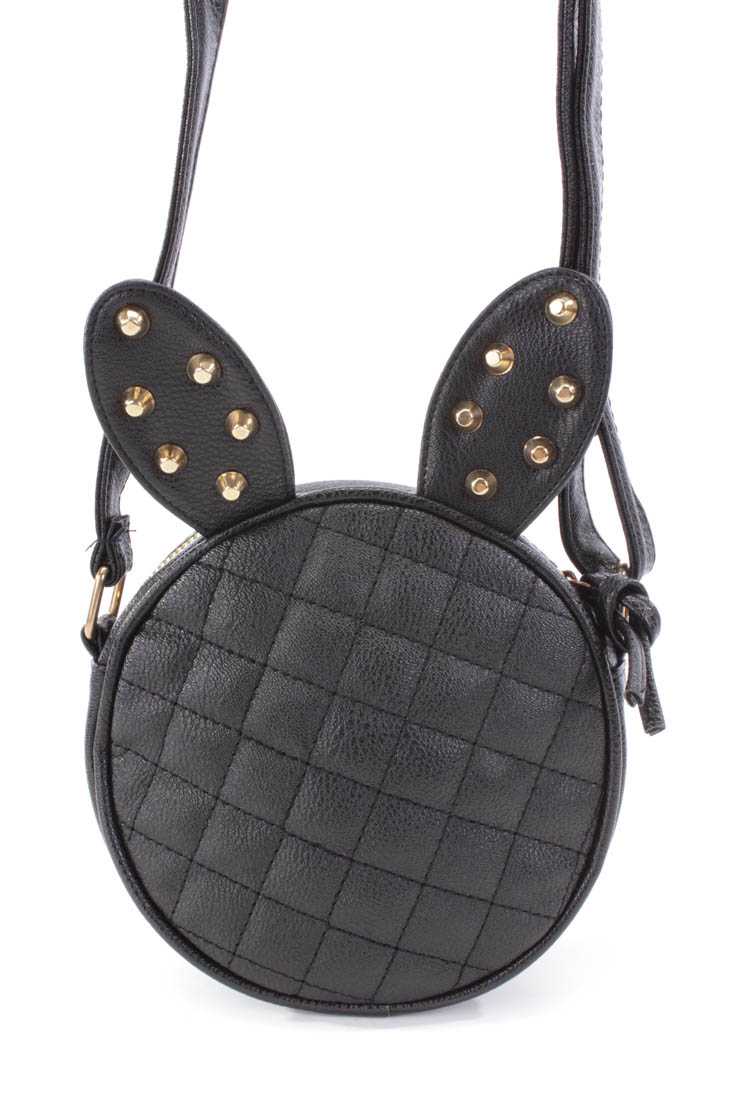 Black Studded Bunny Ear Accent Faux Leather Handbag
