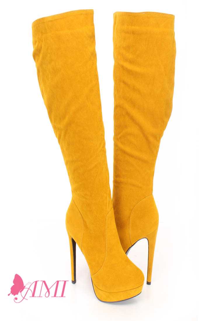 Yellow Platform High Heel Boots Faux Suede