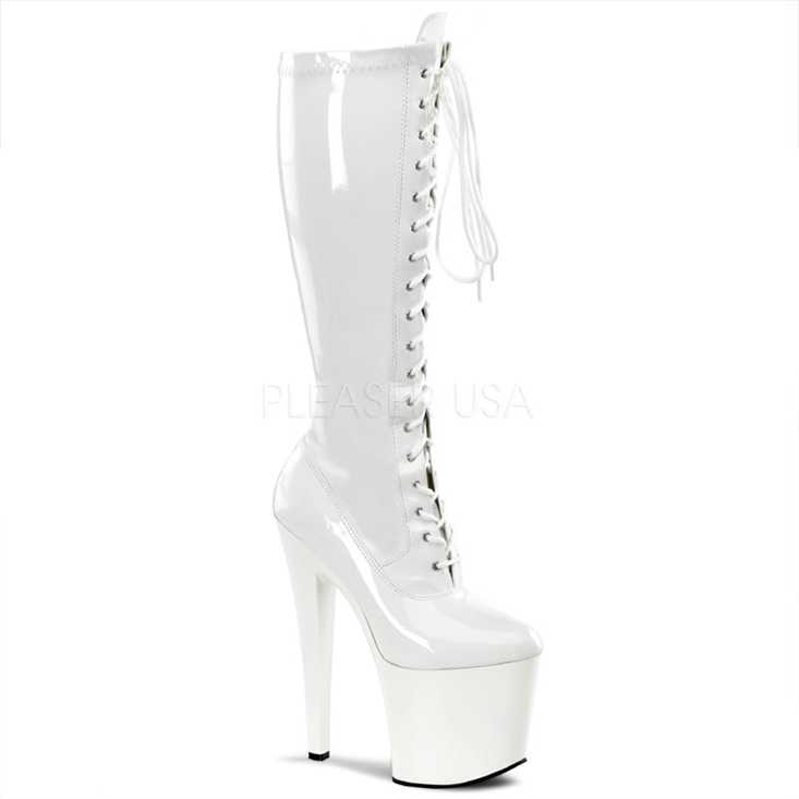 White Lace Up Knee High Boots Patent